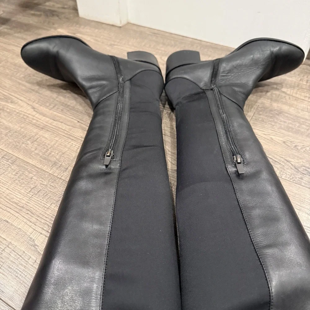 Via Spiga Womens Black Leather Over The Knee Block Heel Boots Almond Toe Zip